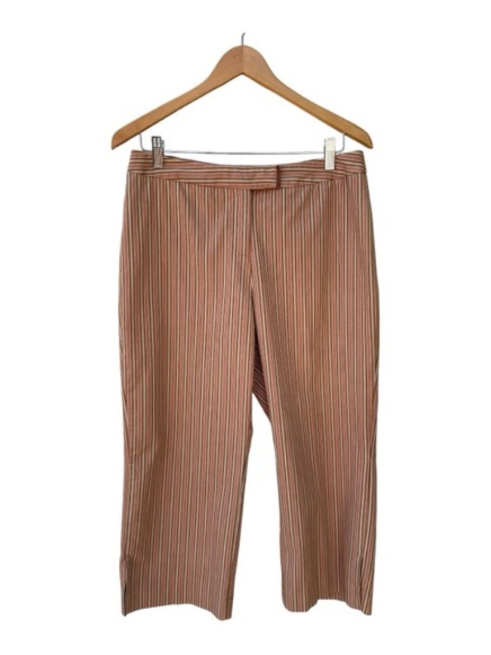 Norton Studio Petites 12P Striped Cropped Pants Brown Tan Stretch Capris Slits